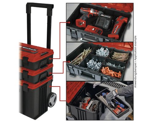 Een gereedschapskoffer met wielen en uittrekbare handgreep, plus toepassingsvoorbeelden voor het opbergen van gereedschap en accessoires