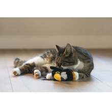 Gestreepte kat ligt met speelgoed op de grond.