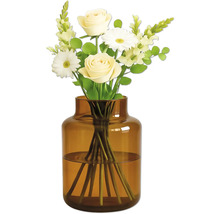 Boeket met rozen en madeliefjes in een glazen vaas