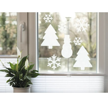 Raamdecoratie met sneeuwvlokken, kerstbomen en sneeuwpopmotieven