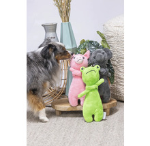 Hond met knuffels kikker, varken en koala op een klein tafeltje