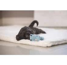 Een bruine puppy ligt op een zachte hondenmat met een speeltje.