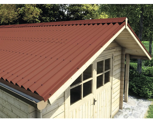 Tuinhuis met rood golfplaten dak