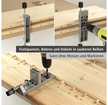 Hulpmiddel voor deuvelverbinding met boormachine op houten planken