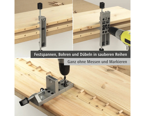 Hulpmiddel voor deuvelverbinding met boormachine op houten planken