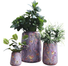 Drie beplante bloempotten met bloemmotief