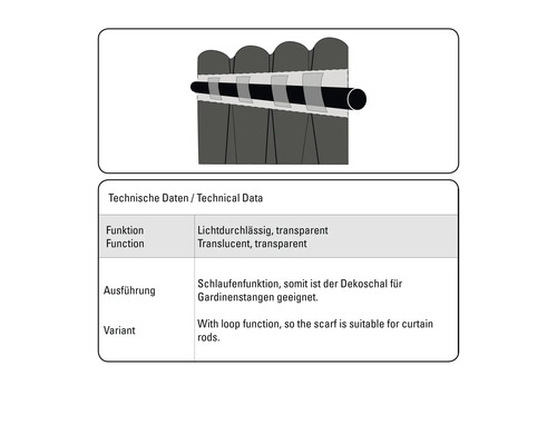 Technische gegevens van de decoratieve sjaal met lusfunctie voor gordijnroeden