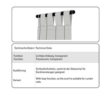 Technische gegevens voor een transparante decoratieve sjaal met lusfunctie voor gordijnroeden.