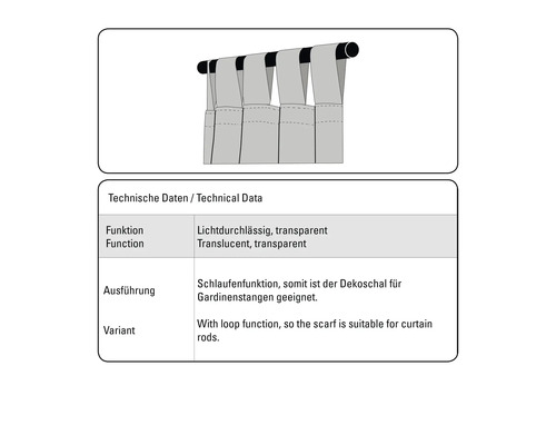 Technische gegevens voor een transparante decoratieve sjaal met lusfunctie voor gordijnroeden.