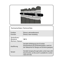 Technische gegevens voor dimout en warmte-isolerende gordijnen met lusfunctie voor stang en rail.