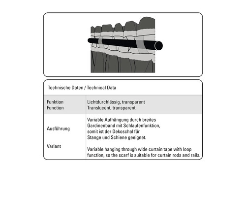 Illustratie van een gordijn met lusbevestiging aan een gordijnroede, doorschijnend