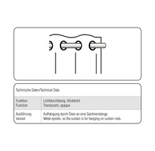 Technische gegevens: Lichtdoorlatend, ondoorzichtig. Ophanging door middel van ogen aan een gordijnroede.