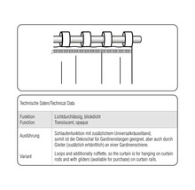 Technische tekening van een gordijnophanging met lussen en rimpelband