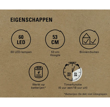 Kenmerken: 60 LED lampen, 53 centimeter hoog, geschikt voor binnen en buiten, werkt op batterijen, timerfunctie (zes uur aan, achttien uur uit)