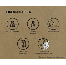 Productkenmerken: 50 LEDs, 25 cm hoogte, voor binnen en buiten, werkt op batterijen, timerfunctie