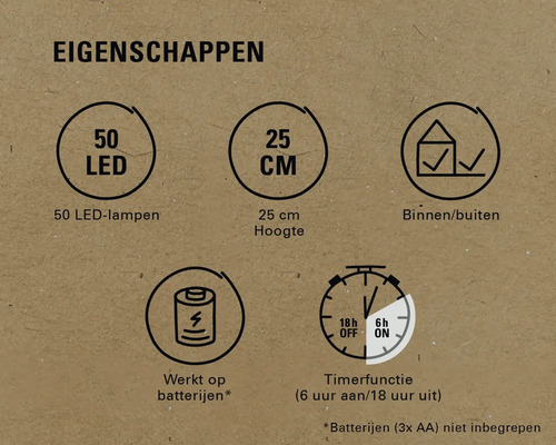 Productkenmerken: 50 LEDs, 25 cm hoogte, voor binnen en buiten, werkt op batterijen, timerfunctie