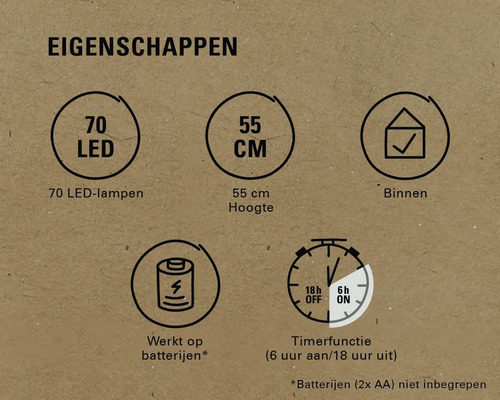 Eigenschappen: 70 LEDs, 55 cm hoogte, geschikt voor binnen, werkt op batterijen, timerfunctie (6 uur aan, 18 uur uit)