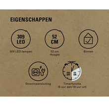 Eigenschappen: 309 LEDs, 52 cm hoogte, geschikt voor binnen, stroomaansluiting, timerfunctie (6 uur aan, 18 uur uit).