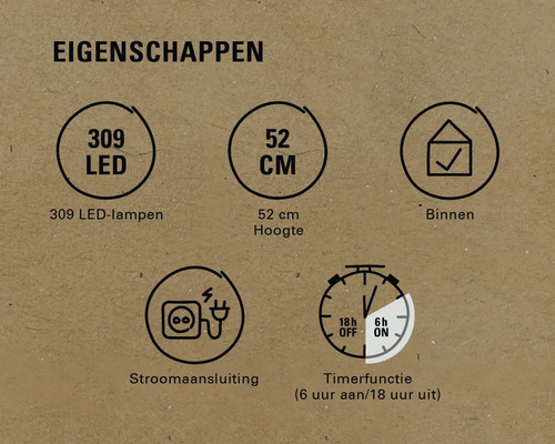 Eigenschappen: 309 LEDs, 52 cm hoogte, geschikt voor binnen, stroomaansluiting, timerfunctie (6 uur aan, 18 uur uit).