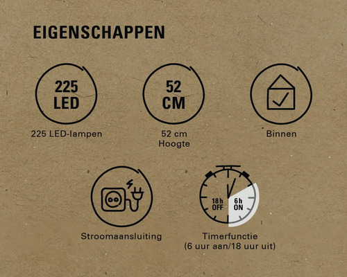 Productkenmerken: 225 LEDs, 52 centimeter hoogte, voor binnen, stroomaansluiting, timerfunctie zes uur aan, 18 uur uit