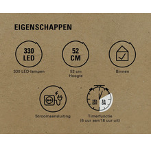 Eigenschappen: 330 ledlampen, 52 centimeter hoogte, voor binnenshuis, stroomaansluiting, timerfunctie zes uur aan en 18 uur uit
