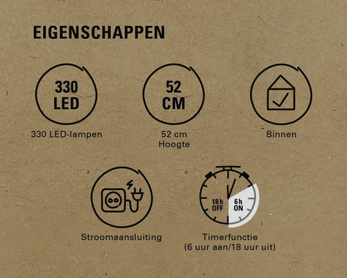 Eigenschappen: 330 ledlampen, 52 centimeter hoogte, voor binnenshuis, stroomaansluiting, timerfunctie zes uur aan en 18 uur uit