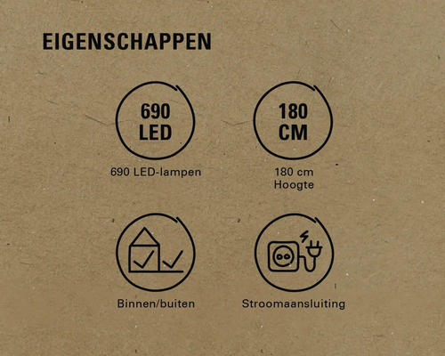 Productkenmerken: 690 LEDs, 180 centimeter hoogte, geschikt voor binnen en buiten, stroomaansluiting