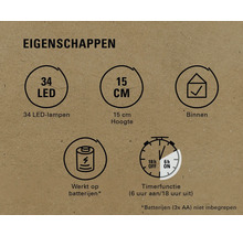 Eigenschappen: 34 LEDs, 15 cm hoogte, voor binnen, werkt op batterijen, timerfunctie