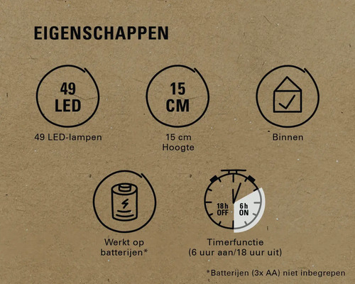 Eigenschappen: 49 leds, 15 cm hoogte, geschikt voor binnen, werkt op batterijen, timerfunctie