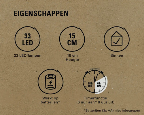 Eigenschappen: 33 leds, 15 cm hoogte, geschikt voor binnen, werkt op batterijen, timerfunctie