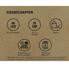Productkenmerken: 60 LEDs, 25 centimeter hoogte, geschikt voor buiten, werking via zonne-energie, werkt op batterijen