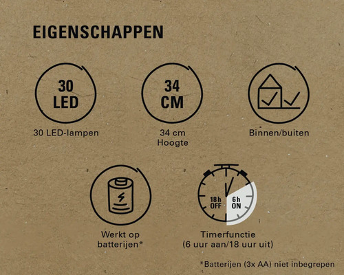 Productkenmerken: 30 LEDs, 34 cm hoogte, geschikt voor binnen en buiten, werkt op batterijen, timerfunctie