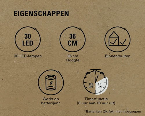 Productkenmerken: 30 LEDs, 36 cm hoogte, voor binnen en buiten, werkt op batterijen, timerfunctie