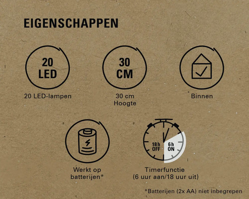 Eigenschappen: 20 LEDs, 30 centimeter hoogte, voor binnenshuis, werkt op batterijen, timerfunctie (6 uur aan/18 uur uit)
