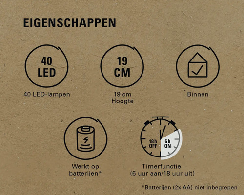 Eigenschappen: 40 LEDs, 19 cm hoogte, geschikt voor binnen, werkt op batterijen, timerfunctie