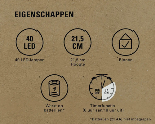 Eigenschappen: 40 leds, 21,5 centimeter hoogte, geschikt voor binnen, werkt op batterijen, timerfunctie