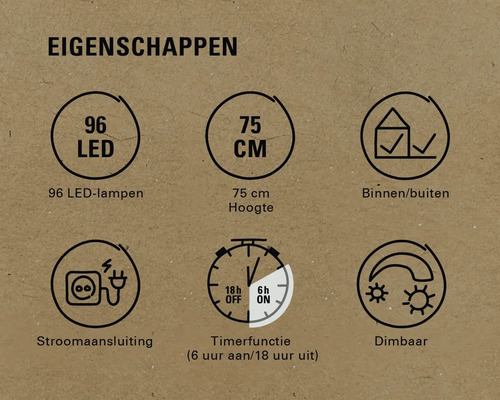 Productkenmerken: 96 LEDs, 75 cm hoogte, geschikt voor binnen en buiten, stroomaansluiting, timerfunctie, dimbaar