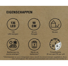Productkenmerken: 136 ledlampen, 90 cm hoogte, geschikt voor buiten, werking op zonne-energie, werking op batterijen, timerfunctie