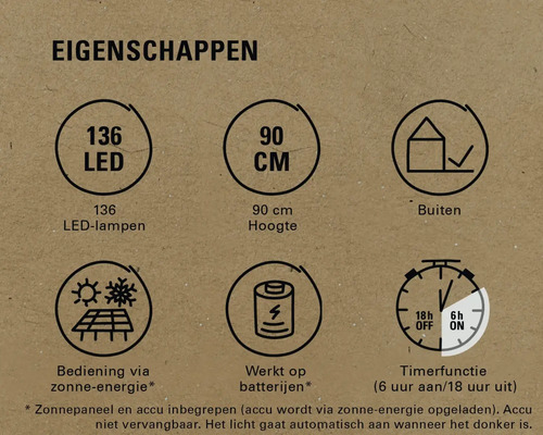 Productkenmerken: 136 ledlampen, 90 cm hoogte, geschikt voor buiten, werking op zonne-energie, werking op batterijen, timerfunctie