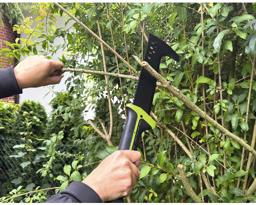 Persoon snoeit takken van een boom met een takkenzaag