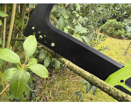 Accu-aangedreven takkenzaag die een tak snijdt.