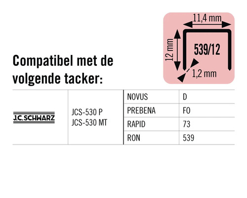 Informatie over de compatibiliteit van de tacker met afmetingen van 11,4 mm bij 12 mm