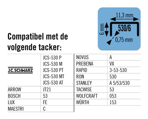 Compatibele tackerlijst met afmetingen
