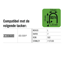 Informatie over compatibiliteit met verschillende tackers en de afmetingen van de nieten