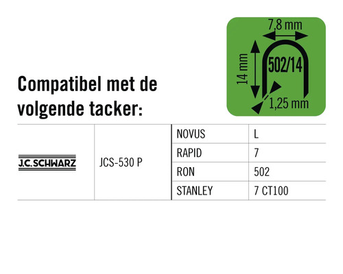 Informatie over compatibiliteit met verschillende tackers en de afmetingen van de nieten