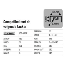 Compatibele tackers en nietdetails met afmetingen 10,6 mm, 6 mm en 1,2 mm