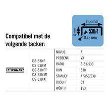 Compatibel met de volgende tackers met de afmetingen 11,3 mm, 4 mm en 0,75 mm en de merken Novus, Prebena, Rapid, Ron, Stanley, Bosch en Würth.