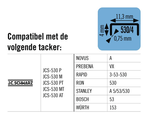 Compatibel met de volgende tackers met de afmetingen 11,3 mm, 4 mm en 0,75 mm en de merken Novus, Prebena, Rapid, Ron, Stanley, Bosch en Würth.