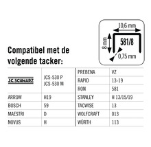 Compatibele tackers en nietdetails met afmetingen