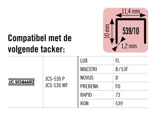 Compatibiliteitstabel voor tackers met modelnummers en afmetingen